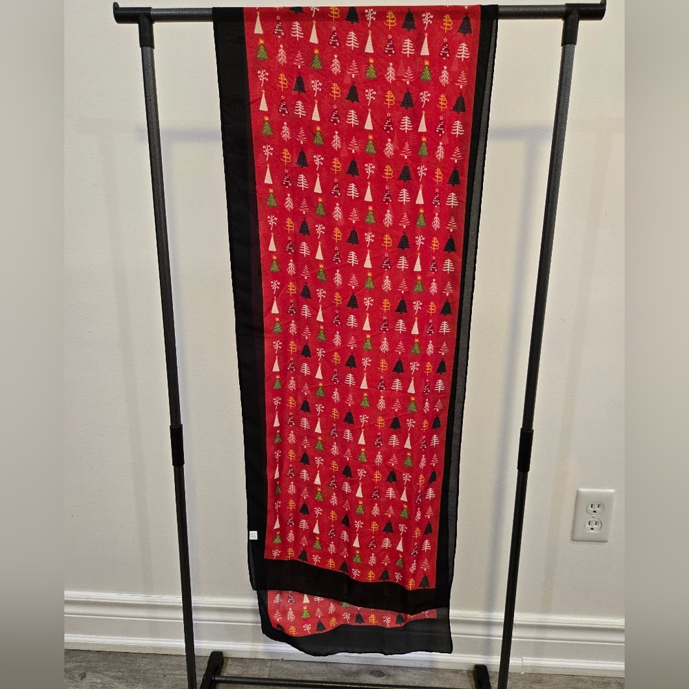 3/20$ - Festive Red Scarf with Christmas Tree Pattern